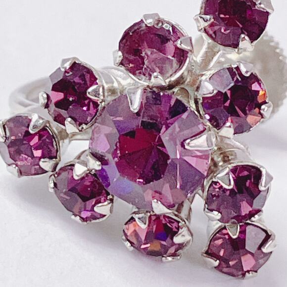 Vintage 1950s Earrings Purple Rhinestone Screw Back Mid Century Jewelry - Picture 2 of 13